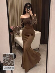 Modelyn Gaun Mermaid Bodycon Elastis Pinggang Tinggi dengan Trim Renda Bergelombang Satu Bahu, Model Slim Fit, Cocok untuk Makan Malam, Warna Cokelat Tua, Musim Gugur - Coklat - View 2