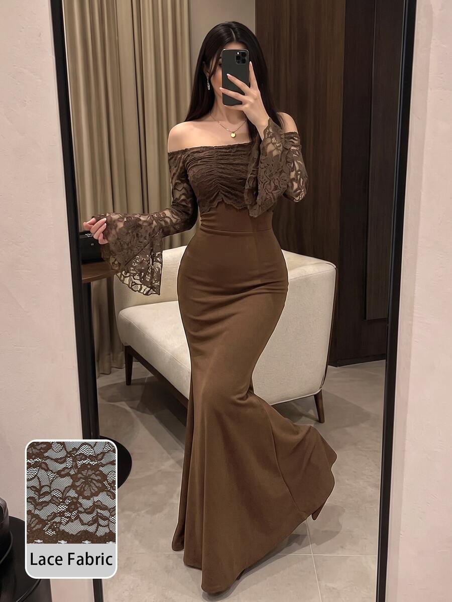 Modelyn Gaun Mermaid Bodycon Elastis Pinggang Tinggi dengan Trim Renda Bergelombang Satu Bahu, Model Slim Fit, Cocok untuk Makan Malam, Warna Cokelat Tua, Musim Gugur