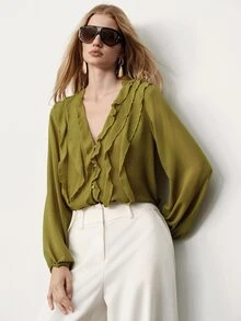 Aveloria Modichic Blus Wanita Longgar Bahan Chiffon Leher V Kancing Berumbai Manset Elastis Lengan Panjang Elegan Romantis Hijau Zaitun Musim Gugur untuk Makan Malam dan Kantor - Hijau - View 4