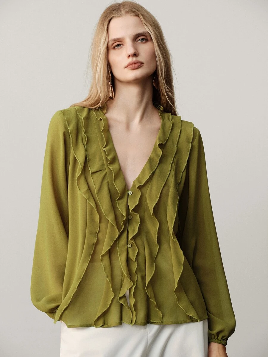 Aveloria Modichic Blus Wanita Longgar Bahan Chiffon Leher V Kancing Berumbai Manset Elastis Lengan Panjang Elegan Romantis Hijau Zaitun Musim Gugur untuk Makan Malam dan Kantor - Hijau - View 1