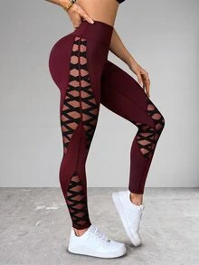 Slayform Slayform Women's Mesh Patchwork Casual Daily Travel Sports Tight Leggings - Burgundy - View 3