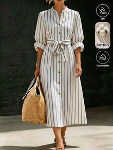 SHEIN 女款黑白條紋前扣V領泡泡袖長袖休閒洋裝，適合日常通勤、日常優雅、春秋優雅穿搭、商務會議、通勤洋裝、黑白洋裝、生日洋裝、外出穿搭、外出洋裝、優雅派對洋裝 - 黑與白 - 查看 4