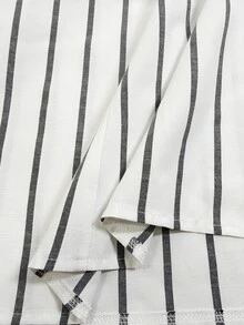 SHEIN 女款黑白條紋前扣V領泡泡袖長袖休閒洋裝，適合日常通勤、日常優雅、春秋優雅穿搭、商務會議、通勤洋裝、黑白洋裝、生日洋裝、外出穿搭、外出洋裝、優雅派對洋裝 - 黑與白 - 查看 7
