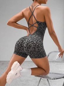 SHEIN Sports 女款豹紋無縫休閒日常運動連身褲 - 深灰色 - 查看 3