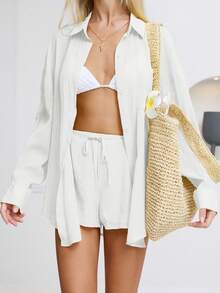 Sunnyshic Petite Women's Spring/Summer Casual Linen Blend Loose Fit Button-Up Shirt And Low-Waist Shorts 2-Piece Set - White - View 7