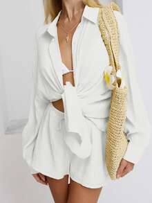 Sunnyshic Petite Women's Spring/Summer Casual Linen Blend Loose Fit Button-Up Shirt And Low-Waist Shorts 2-Piece Set - White - View 5