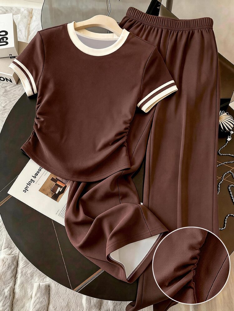 Resyla Women's Summer Set, Summer Set, Brown, Striped Print Craft, Daily Wear, Back To School, Commute, Casual Travel, Women's Waist-Cinched T-Shirt And Long Pants Set - Multicolor - View 1