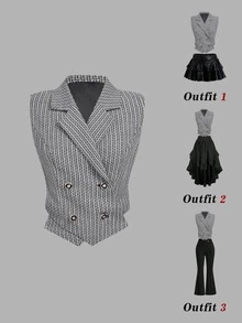 SHEIN MOD 雙排扣黑白粗花呢翻領女款西裝外套 - 黑與白 - 查看 1