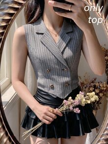SHEIN MOD 雙排扣黑白粗花呢翻領女款西裝外套 - 黑與白 - 查看 4