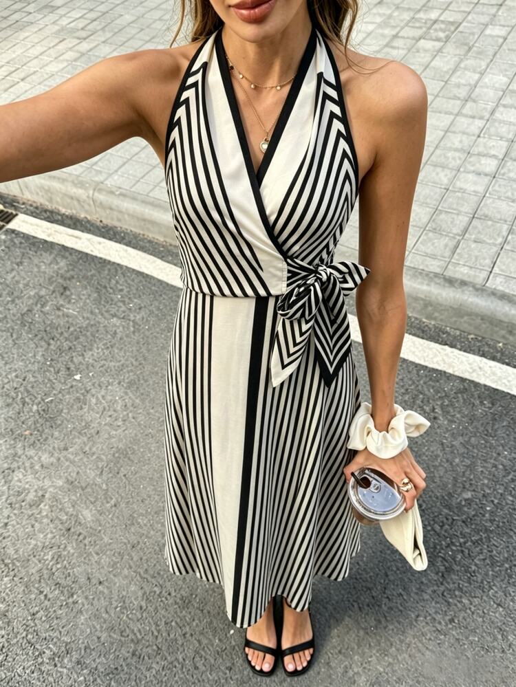 SHEIN Franclia Black And White Striped Halter Dress, Elegant Vacation Style Slimming A-Line Dress, Suitable For Commuting Brunch, Dating Summer - Black - View 5