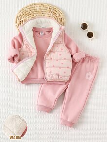 SHEIN 女嬰 1件全滿版愛心印花保暖內裡背心外套 & 1件花卉印花套頭運動衫 & 1件運動長褲 - 粉色 - 查看 5