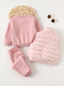SHEIN 女嬰 1件全滿版愛心印花保暖內裡背心外套 & 1件花卉印花套頭運動衫 & 1件運動長褲 - 粉色 - 查看 2