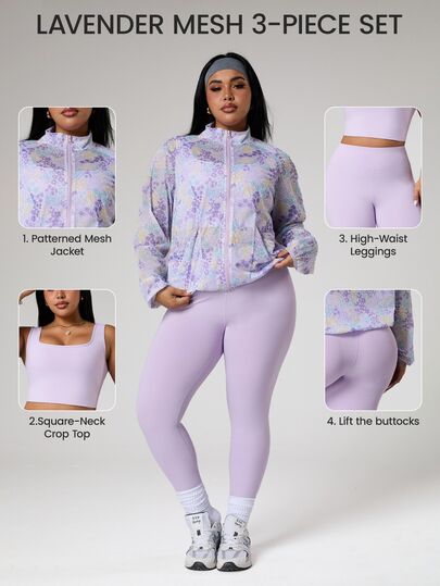 Rhythm Era Lavender Summer Athletic Curve Midsize Gym Plus Size Women Sports Set,Yoga Tight Square Neck Vest & High Waist Leggings,Running Fitness Workout Outfit