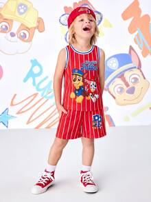 SHEIN | PAW Patrol 2pcs/Set Fun Sport Casual Style Young Boy Tank Top And Shorts Comfortable Outfit - Red - View 4