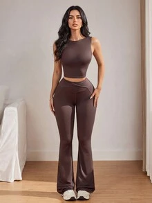 Sirith Women's Solid Color Top And Leggings Casual Daily Sports Outfit - Brown - View 8