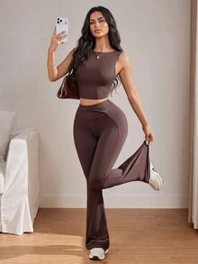 Sirith Women's Solid Color Top And Leggings Casual Daily Sports Outfit - Brown - View 7