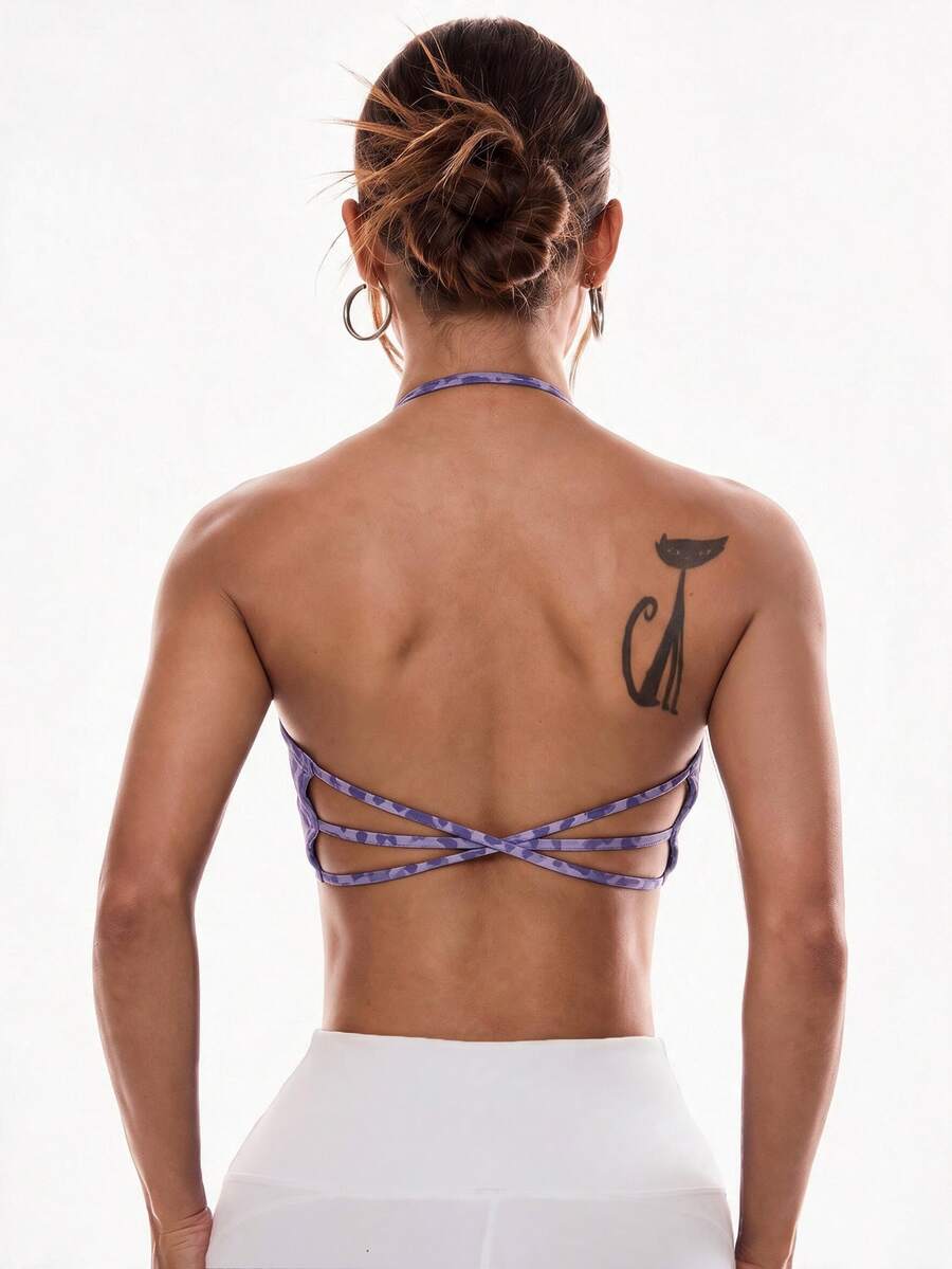 Slayform Slayform Women's Leopard Print Casual Daily Wear Halter Neck Sports Bra - Purple - View 1
