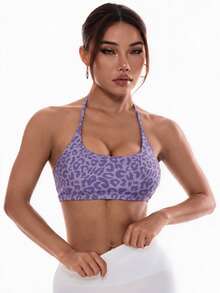 Slayform Slayform Women's Leopard Print Casual Daily Wear Halter Neck Sports Bra - Purple - View 4