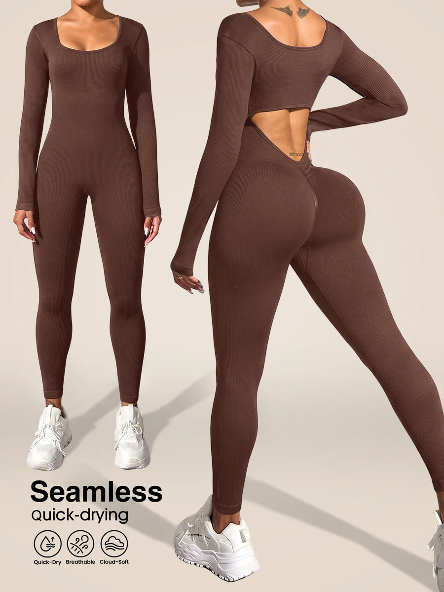 Slayform Slayform Women's Solid Color Casual Sports Backless Long Sleeve Jumpsuit - Coffee Brown - View 1