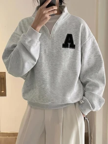 FavEase Women's Half-Zip Stand Collar Loose Sweatshirt, Spring/Autumn Casual Sports Style, Lazy Solid Color Versatile Drop Shoulder Long Sleeve Top - Beige - View 1