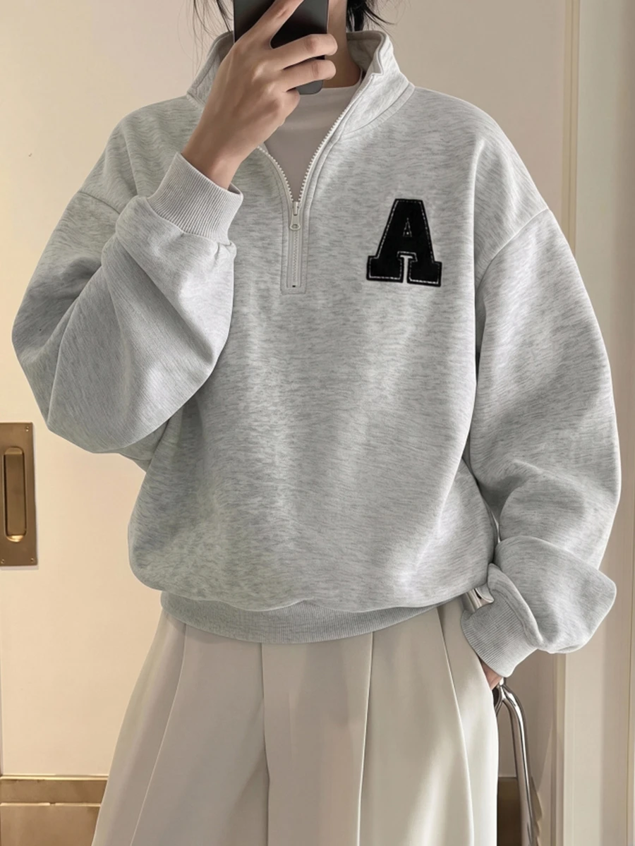 FavEase Women's Half-Zip Stand Collar Loose Sweatshirt, Spring/Autumn Casual Sports Style, Lazy Solid Color Versatile Drop Shoulder Long Sleeve Top - Beige - View 1
