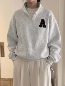 FavEase Women's Half-Zip Stand Collar Loose Sweatshirt, Spring/Autumn Casual Sports Style, Lazy Solid Color Versatile Drop Shoulder Long Sleeve Top - Beige - View 2