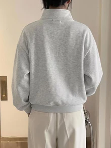 FavEase Women's Half-Zip Stand Collar Loose Sweatshirt, Spring/Autumn Casual Sports Style, Lazy Solid Color Versatile Drop Shoulder Long Sleeve Top - Beige - View 4