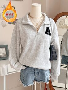 FavEase Women's Half-Zip Stand Collar Loose Sweatshirt, Spring/Autumn Casual Sports Style, Lazy Solid Color Versatile Drop Shoulder Long Sleeve Top - Beige - View 3