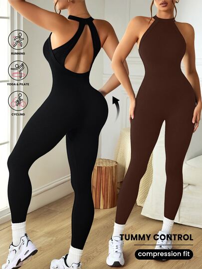 Velisys Velisys 2pcs Jumpsuit Pas Badan Tanpa Punggung Model Halter Neck Warna Polos