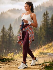 Exploreva Solid Color High Waist Seamless Sports Leggings - Burgundy - View 7