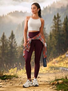 Exploreva Solid Color High Waist Seamless Sports Leggings - Burgundy - View 6