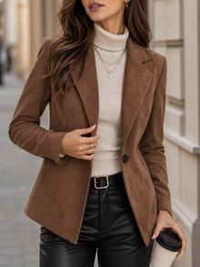Editum 女款優雅休閒時尚鈕扣長袖商務西裝外套 教師節辦公商務棕色調夏季款 - 棕色 - 查看 3