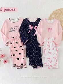 [Random 1 Set]Baby Girl Spring/Autumn New Pearl Bow Combination Pattern Top With Full Bow Print Pants, Allover Print Knit Wavy Contrast Trim Long Sleeve Long Pants 2-Pieces Set Loungewear - Grey - View 1