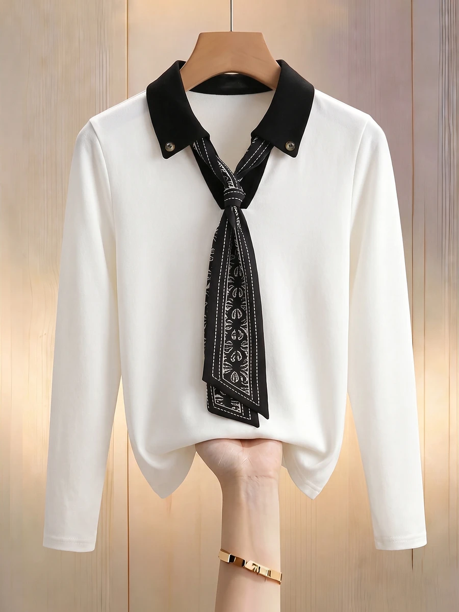 Franclia Women's Contrast Color Bow Tie Long Sleeve Casual Versatile T-Shirt - White - View 1