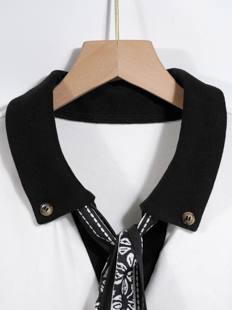 Franclia Kaos Wanita Lengan Panjang Kasual Serbaguna dengan Pita Warna Kontras - Putih - View 5