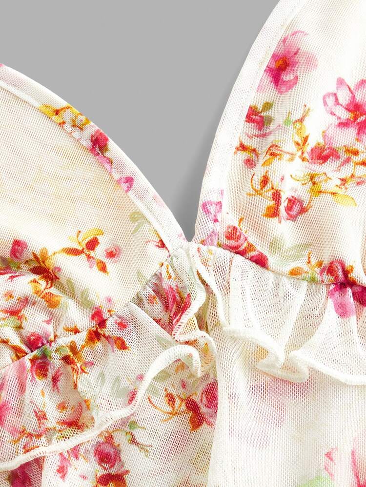 Sweetina Spaghetti Strap Printed Mesh Tank Top, Fashionable For Summer - Apricot - View 5