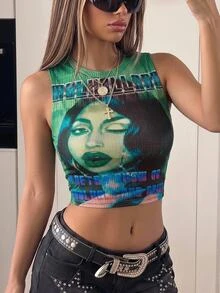 SHEIN ICON Figure & Letter Graphic Crop Summer Tank Top - Green - View 3