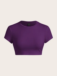 SHEIN ICON Casual Solid Color Fitted Cropped Round Neck Short Sleeve T-Shirt For Women, Suitable For Summer - Purple - View 3
