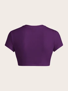 SHEIN ICON Casual Solid Color Fitted Cropped Round Neck Short Sleeve T-Shirt For Women, Suitable For Summer - Purple - View 2