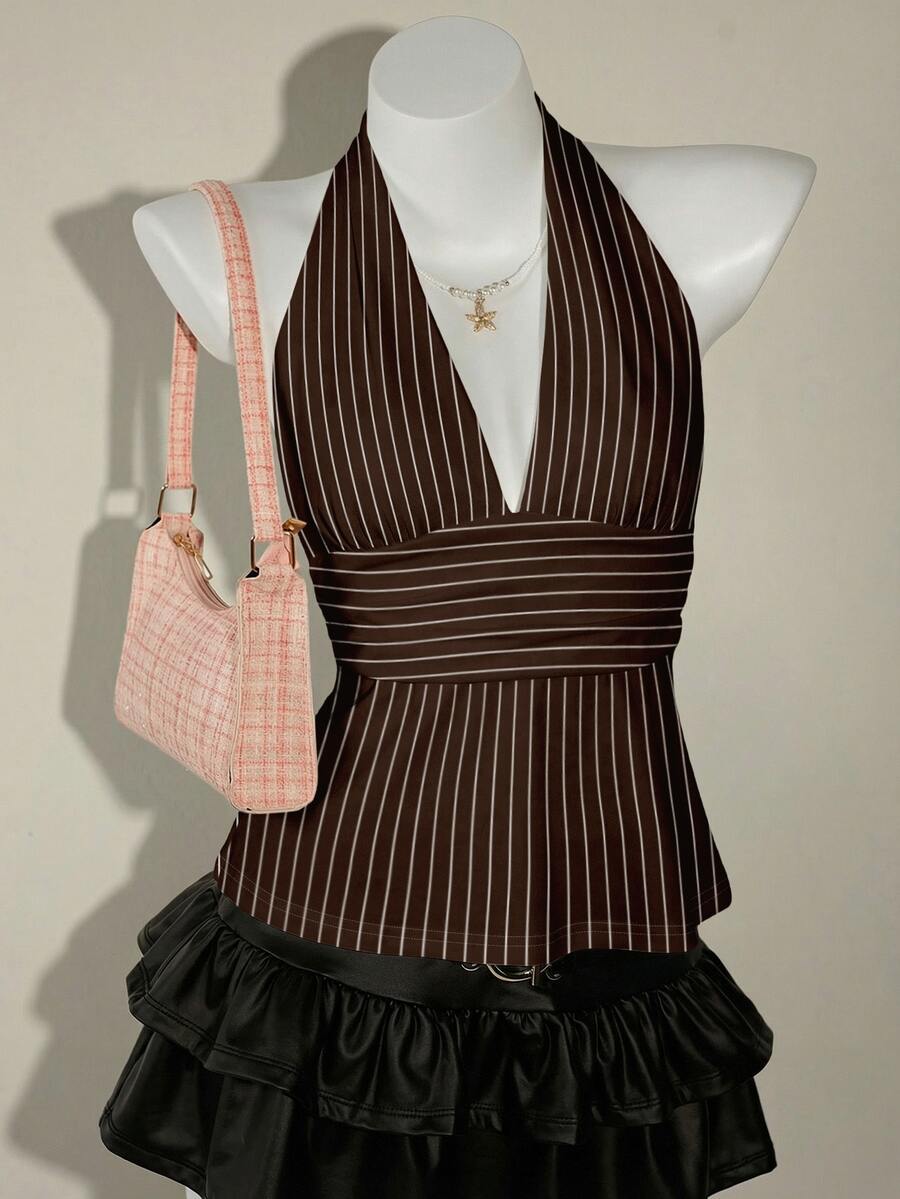 SHEIN ICON Halter Deep V-Neck Cinched Waist A-Line Backless Camisole,Summer Top - Brown - View 1