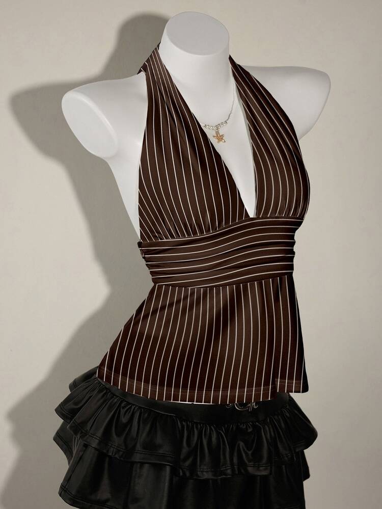 SHEIN ICON Halter Deep V-Neck Cinched Waist A-Line Backless Camisole,Summer Top - Brown - View 6