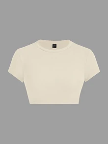 SHEIN ICON Apricot Casual Minimalistic Crew Neck Short Sleeve Cropped Fitted Women T-Shirt, Suitable For Summer Suitable For Going Out - Apricot - View 1