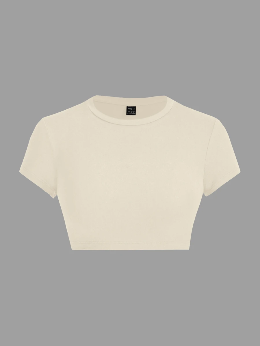 SHEIN ICON Apricot Casual Minimalistic Crew Neck Short Sleeve Cropped Fitted Women T-Shirt, Suitable For Summer Suitable For Going Out - Apricot - View 1