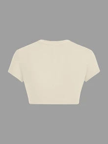 SHEIN ICON Apricot Casual Minimalistic Crew Neck Short Sleeve Cropped Fitted Women T-Shirt, Suitable For Summer Suitable For Going Out - Apricot - View 2