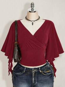 SHEIN ICON 女款素色V領披肩袖T恤 - 酒紅色 - 查看 9