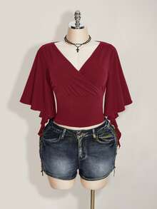 SHEIN ICON 女款素色V領披肩袖T恤 - 酒紅色 - 查看 10