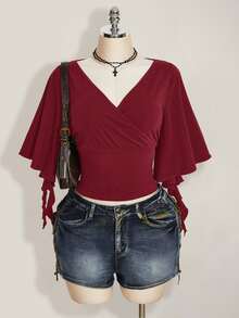 SHEIN ICON 女款素色V領披肩袖T恤 - 酒紅色 - 查看 5