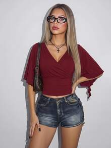 SHEIN ICON 女款素色V領披肩袖T恤 - 酒紅色 - 查看 1