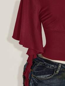 SHEIN ICON 女款素色V領披肩袖T恤 - 酒紅色 - 查看 8