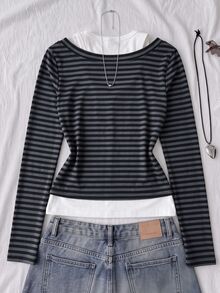 SHEIN 青少年女孩對比條紋 2 合 1 上衣 - 深灰色 - 查看 4